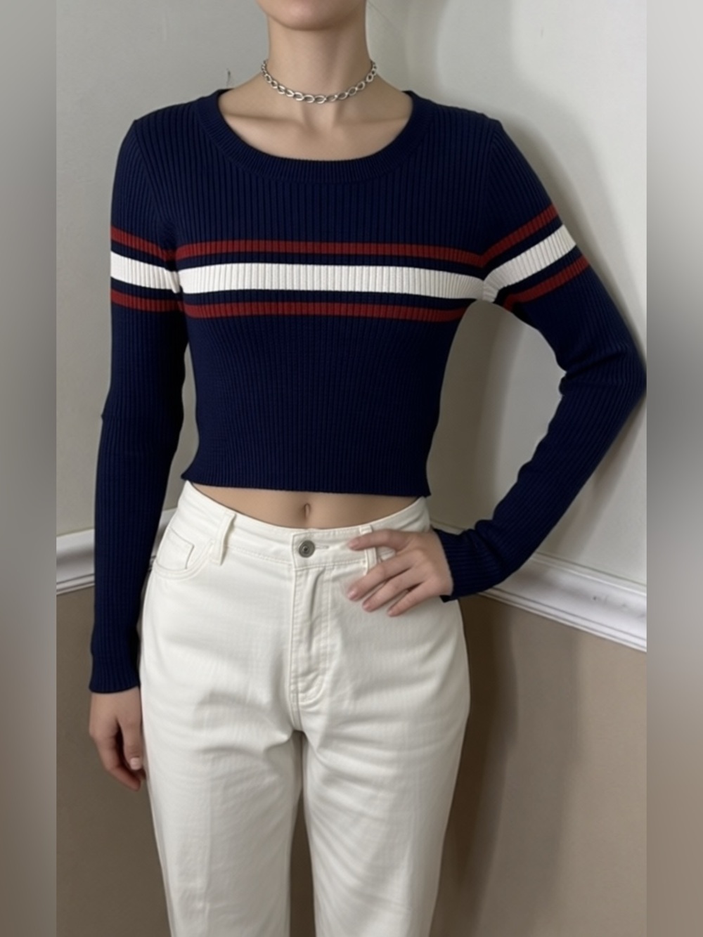 🧡 5 for $25! WITHY Navy Ribbed Crop Sweater with Red & White Stripes